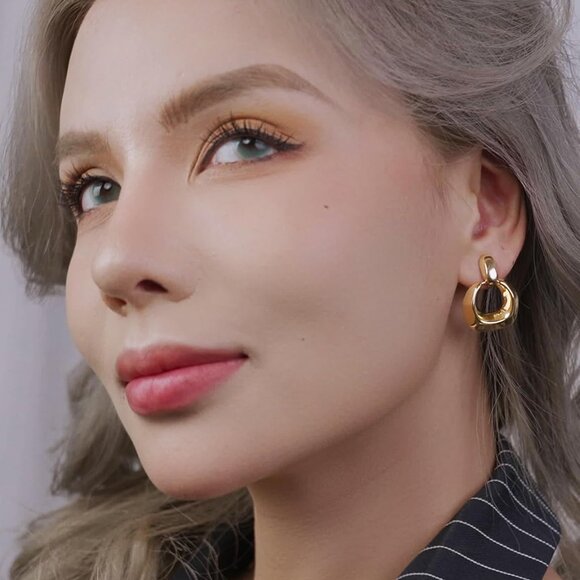 Clip On Earrings Gold-Plated Brass Hoop Hypoallergenic Statement Jewelry - Picture 5 of 6